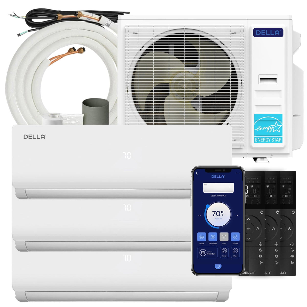 DELLA 35K BTU 3 Zone Mini Split AC (9K+2x18K), 19 SEER2, 16ft Kits