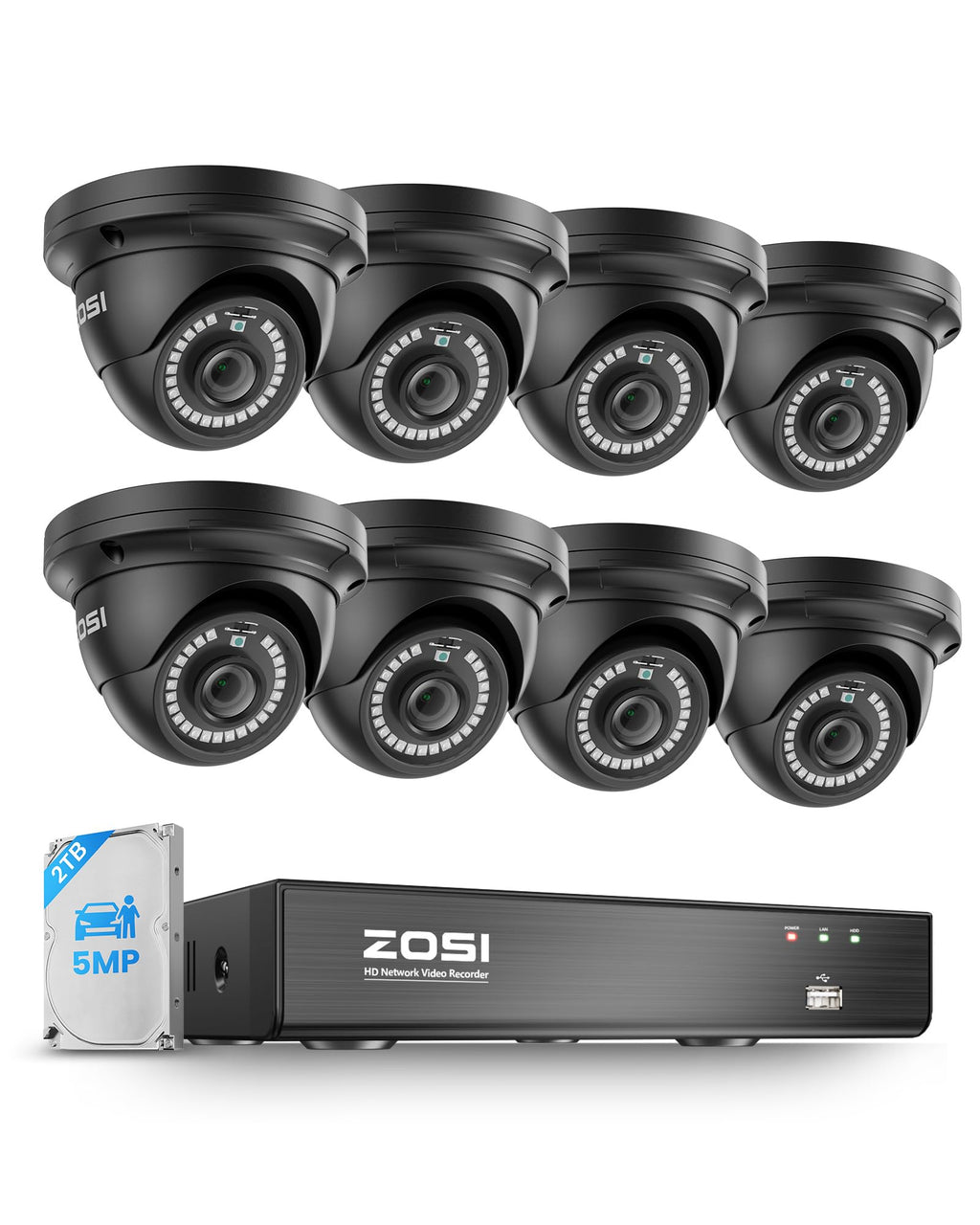ZOSI 8 Channel 4K NVR with 8 x 5MP PoE Dome Security Camera System, 2TB HDD