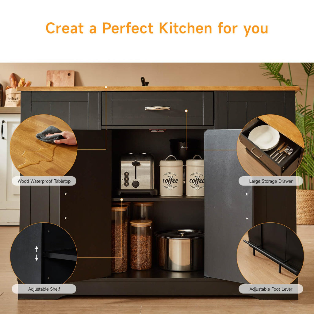 47" Kitchen Island with Trash Can Storage, Include 2 Chairs, Black