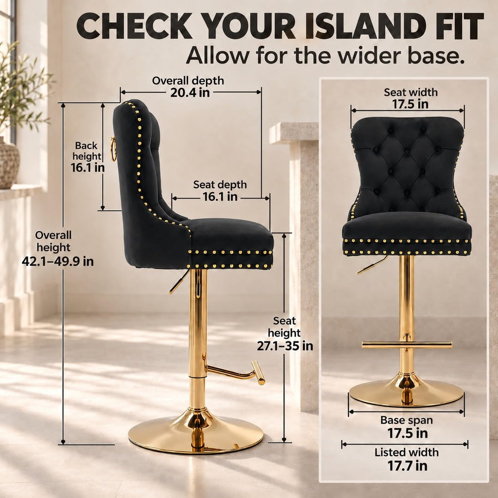Velvet Swivel Bar Stools Set of 4, Height Adjustable, Black with Gold Base