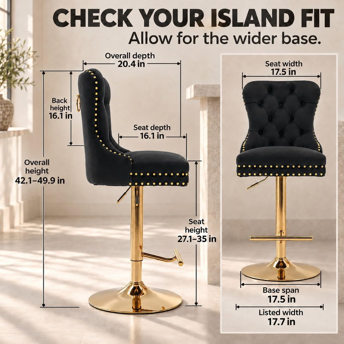 Velvet Swivel Bar Stools Set of 4, Height Adjustable, Black with Gold Base