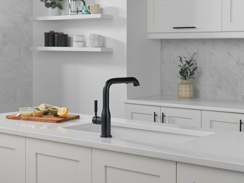 Delta Almari Matte Black Kitchen Faucet with Pull-Out Sprayer, Modern Single Hole Kitchen Sink Faucet, Single Handle, Matte Black 16943-BL-DST