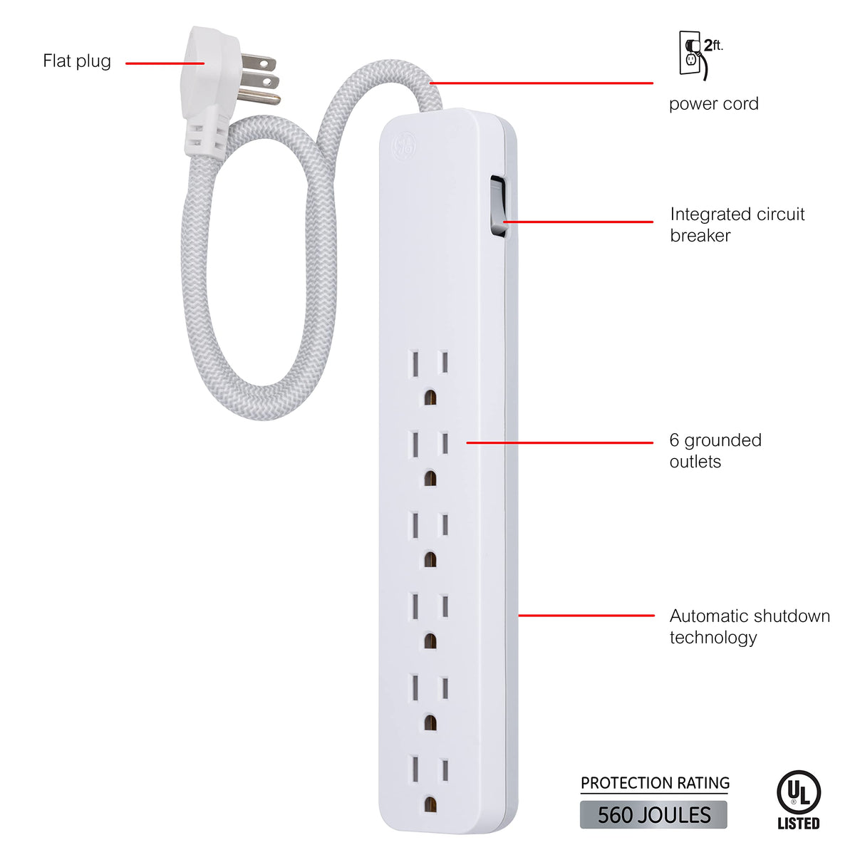 GE UltraPro 6 Outlet Surge Protector, Designer Braided Extension Cord, Flat Plug, Wall Mount, White, 45264, 2 ft (Pack of 8)