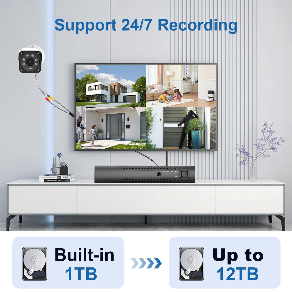 H.265+ Wired Security Camera DVR Kit System with AI Human Vehicle Detection, 4x 1920P 5MP IP67 Metallic Indoor/Outdoor Cameras IR Night Vision Remote Access, 4K NVR 1TB HDD Included for 24/7 Recording