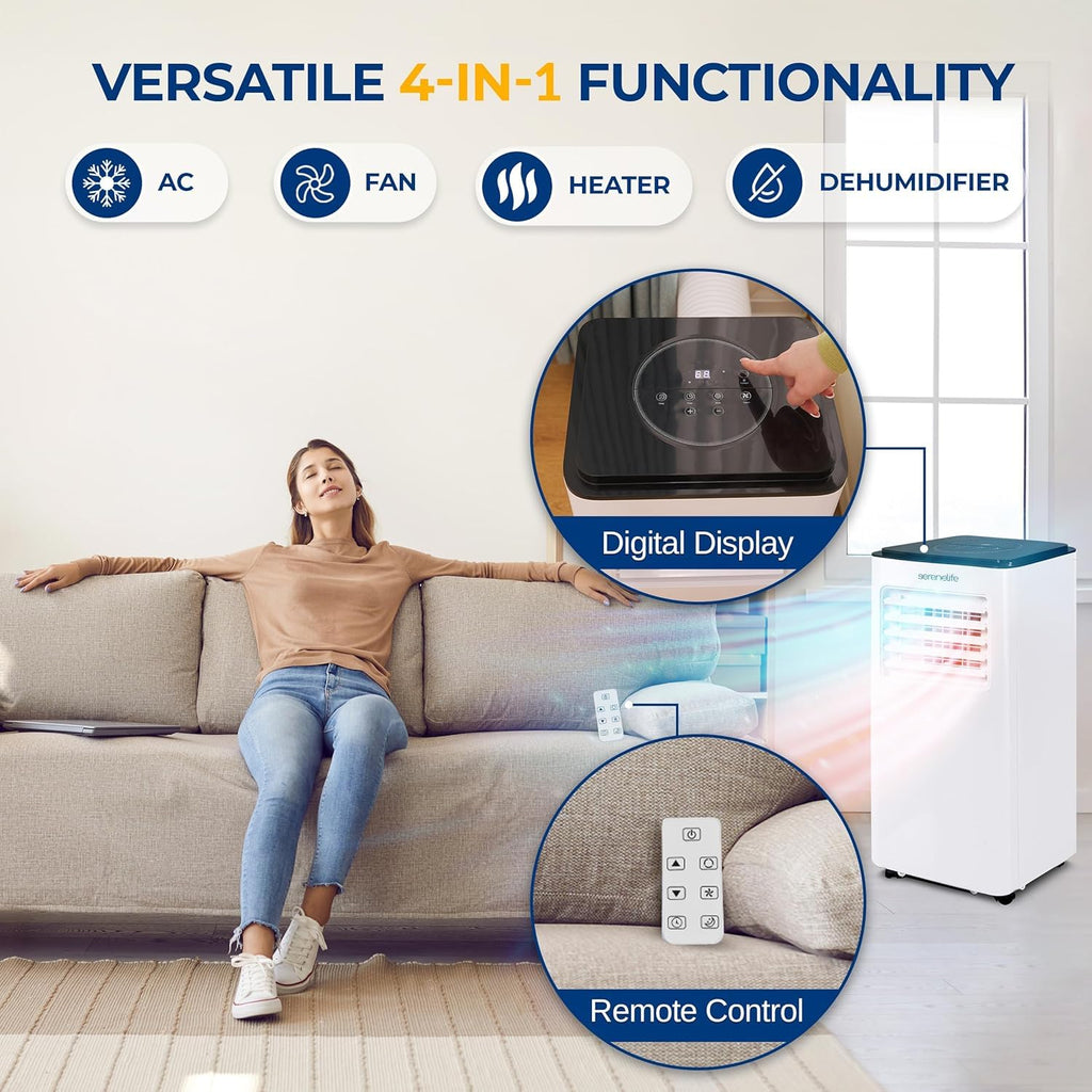SereneLife 8000 BTU Portable Air Conditioner with Heating Functionality, 4-in-1 Compact Standing Air Conditioner for Room Up to 350 Sq. Ft., Floor AC Unit with LCD Remote Control, Auto Mode, Low Noise