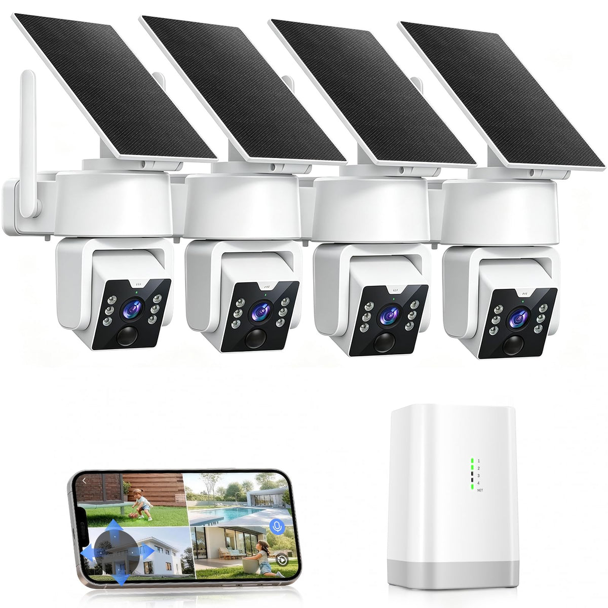 Solar Security Camera System with Home Hub, 4 Cam 4MP 360° PTZ Security Cameras Wireless Outdoor, No Monthly Fee, Local Storage, Color Night Vision, 5GHz & 2.4GHz WiFi for Home Exterior, IP66