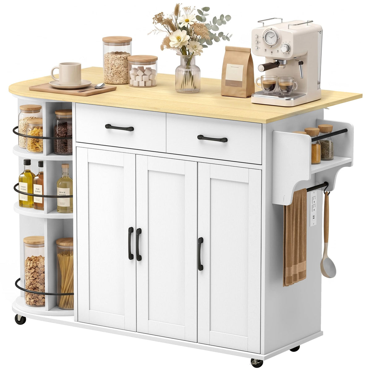 HOMCOM 53" Rolling Kitchen Island with Power Outlet, Storage, Sage Green