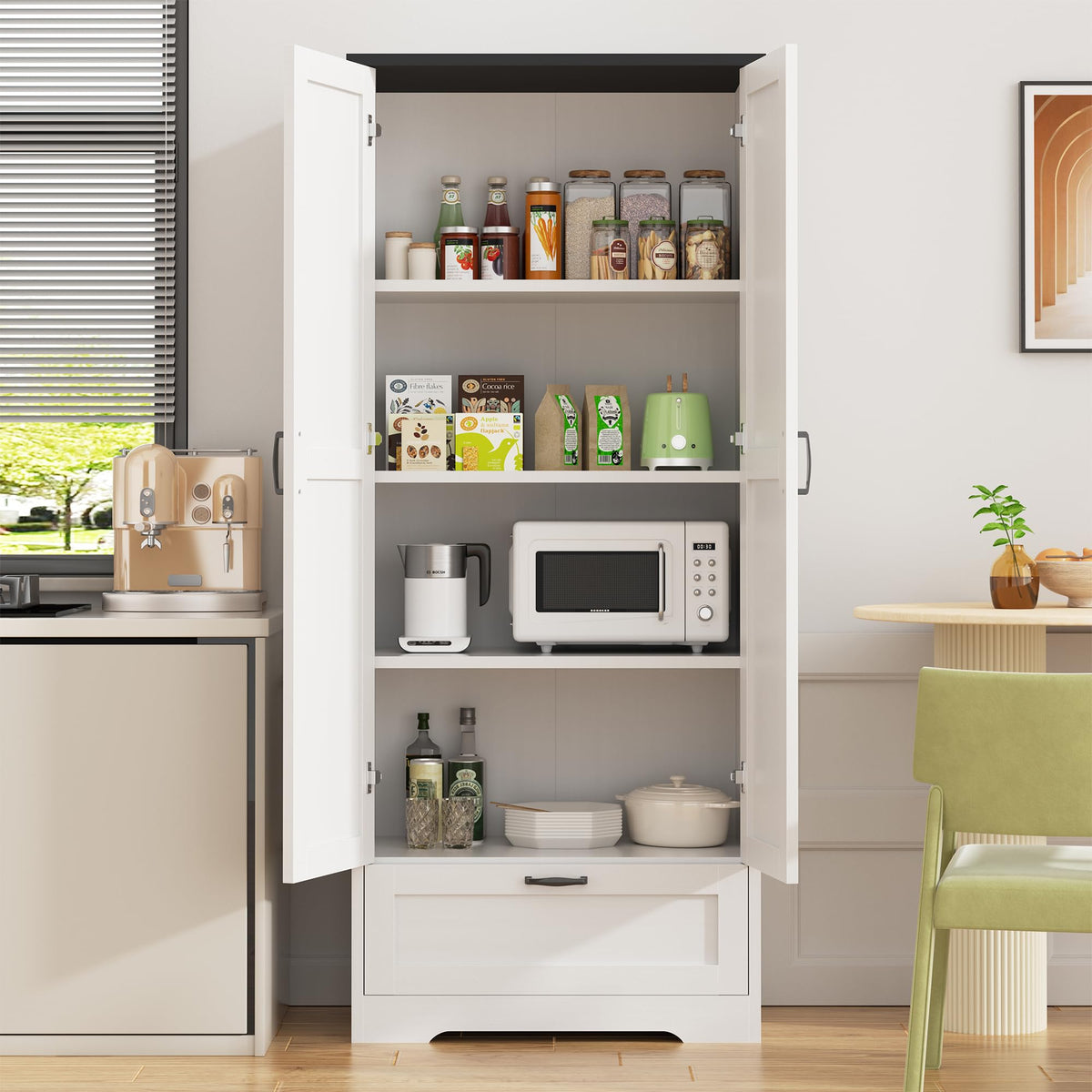 Shintenchi 65" Kitchen Pantry Cabinet, Farmhouse Storage, Pure White