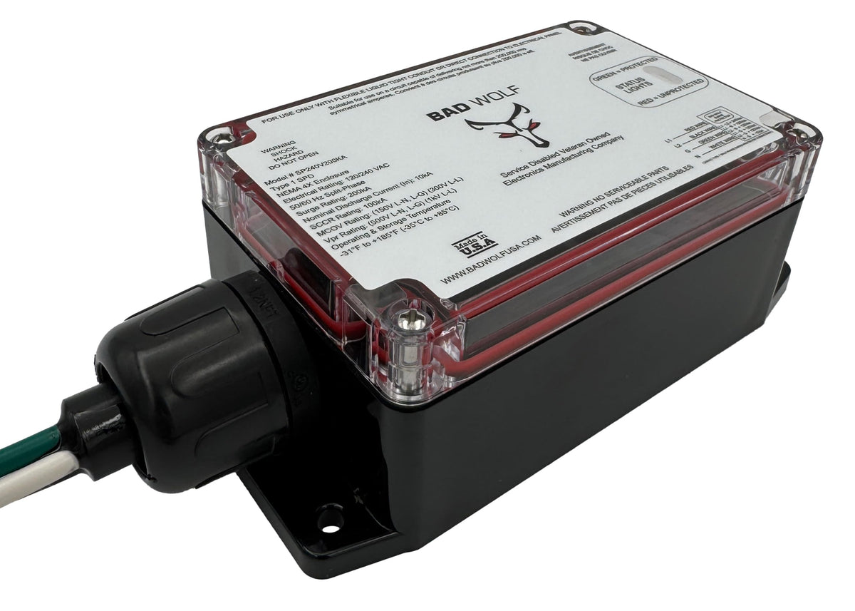 Bad Wolf SP240V200KA Whole House Surge Protector, 200kA, Type 1 SPD, 120/240V Split-Phase, ETL Listed UL 1449 5th Ed & CSA C22.2 No. 269.1/269.2, NEMA 4X IP67