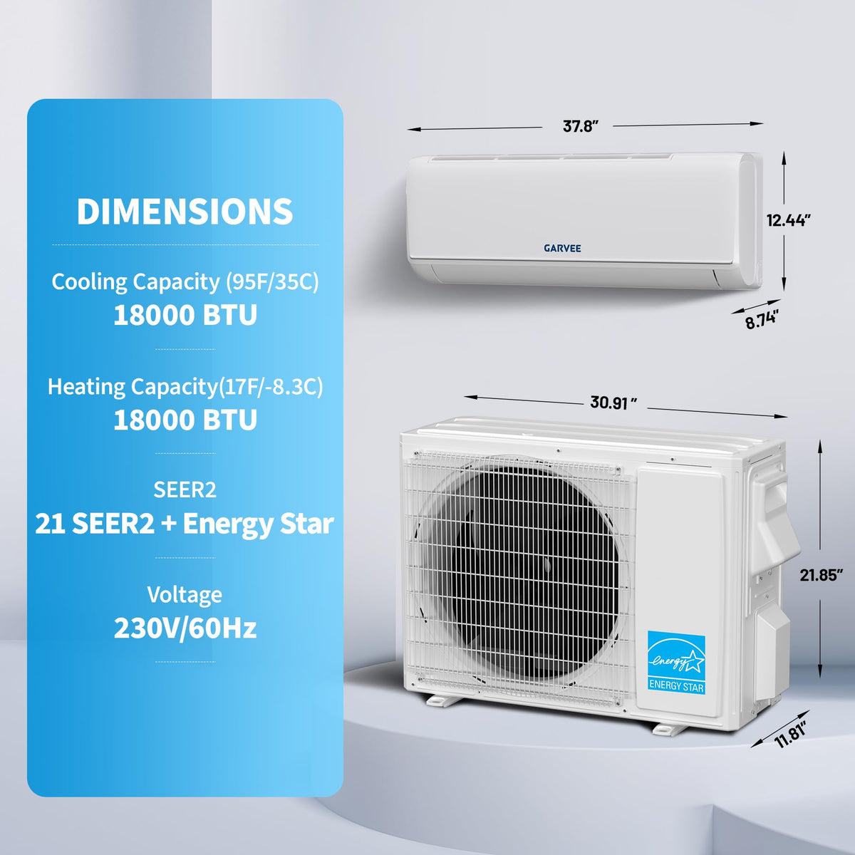 Garvee18000 BTU 21 SEER2 Ductless Mini Split AC & Heat Pump, WiFi Control, Compatible with Alexa, 230V Energy Efficient Inverter System, Cools Up to 1000 Sq.ft