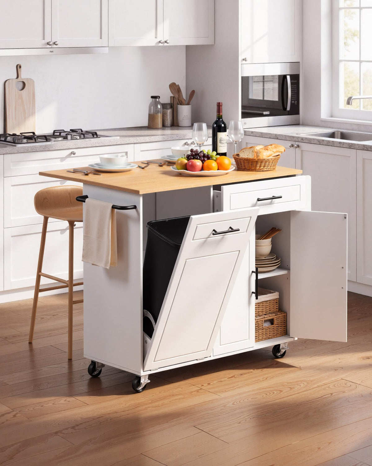 VEVOR 46" Kitchen Island Cart with Trash Storage, Drop Leaf, Drawer Cabinet