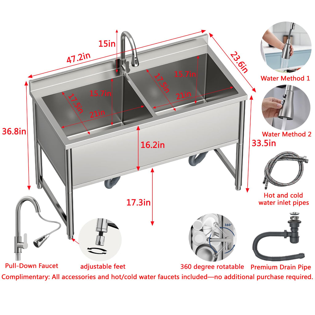 47" Stainless Steel Large Commercial Sink 2 Bowl with Pull-out Faucet
