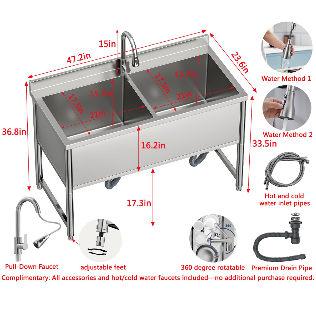 47" Stainless Steel Large Commercial Sink 2 Bowl with Pull-out Faucet
