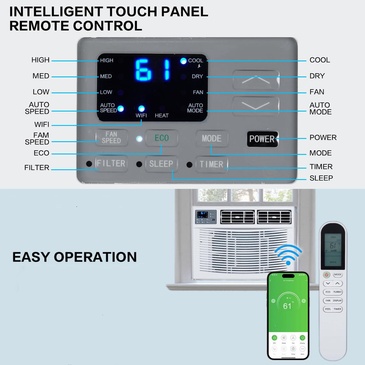 Bonnlo 8000BTU Window Air Conditioner with Heat & Timer, Wi-Fi Enabled Window AC Unit Compatible with Alexa & Google Assistant & Easy Installation Kit for Rooms up to 350 Sq.Ft, 115V/60Hz