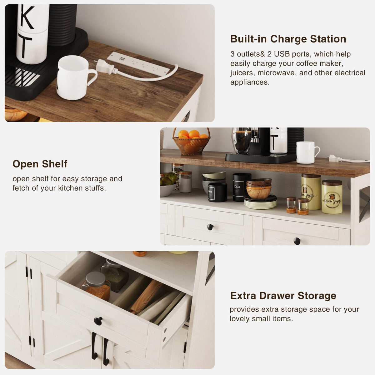 51" Farmhouse Buffet Sideboard Cabinet with Storage, White Kitchen Storage