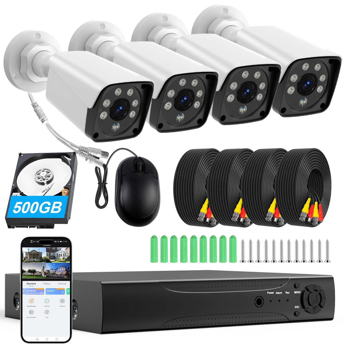H.265+ Wired Security Camera DVR Kit System with AI Human Vehicle Detection, 4x 1920P 5MP IP67 Metallic Indoor/Outdoor Cameras IR Night Vision Remote Access, 4K NVR 1TB HDD Included for 24/7 Recording