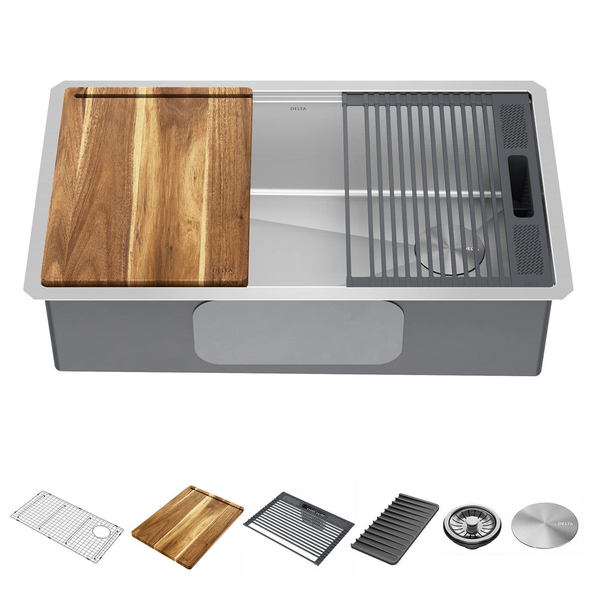 DELTA FAUCET 95A932-33S-SS Lorelai Workstation Kitchen Sink Drop-in Top Mount Stainless Steel Single Bowl with WorkFlow Ledge and Chef’s Kit of 5 Accessories