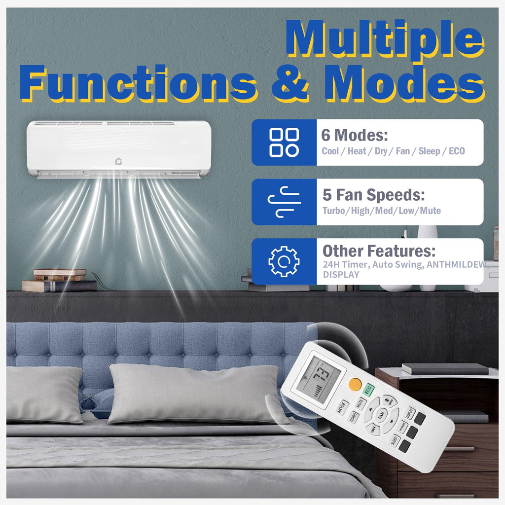 Garvee 12000 BTU Mini Split AC/Heating System, 19 SEER2 Inverter Split System Air Conditioners, Ductless Wall Mount Heat Pump, AC Unit Cool Up to 750 Sq. Ft, Installation Kits, 230V