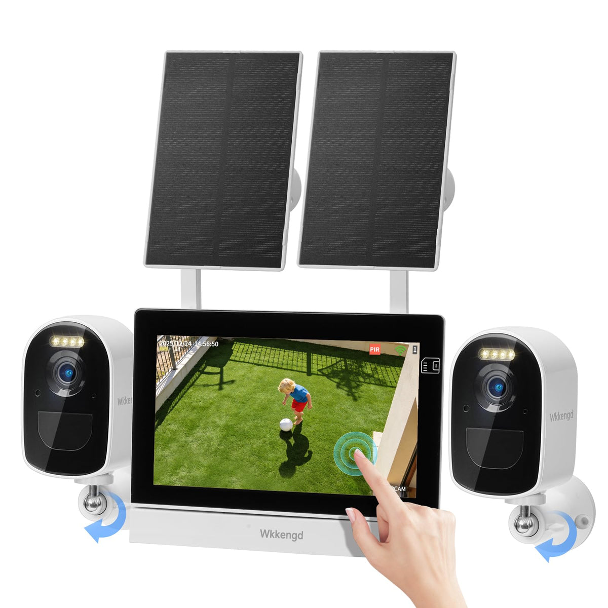 Solar Wireless Security Camera System, 4MP Battery Powered 2-Camera Kit with 7" Touchscreen Monitor, Motion Detection Auto Full-Screen Zoom, Color Night Vision, Compatible with Alexa