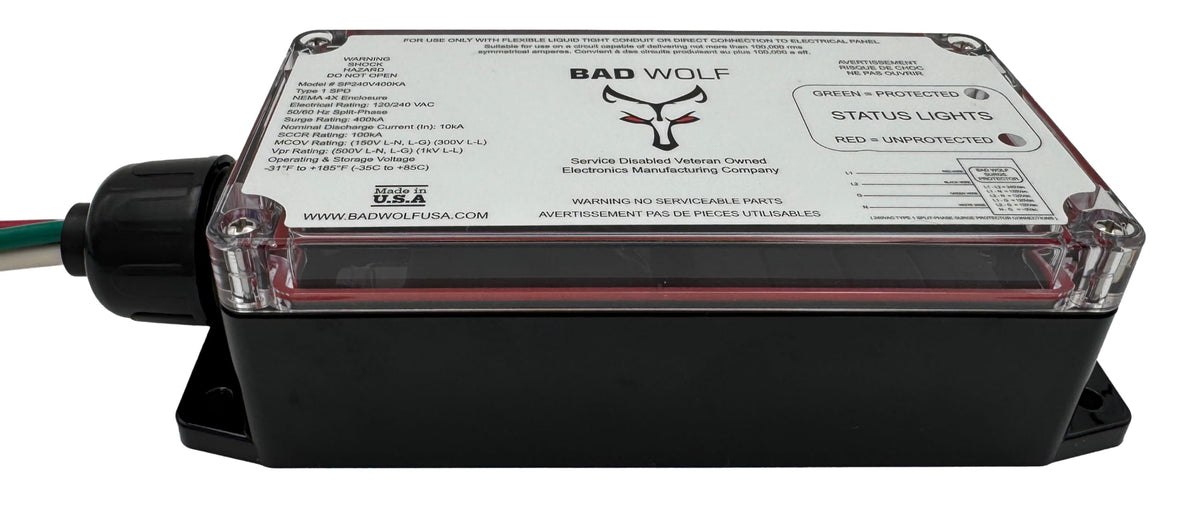 Bad Wolf SP240V400KA Whole House Surge Protector ETL Listed Type 1 SPD, 400kA, 120/240V Split Phase, NEMA 4X, with EM Protection