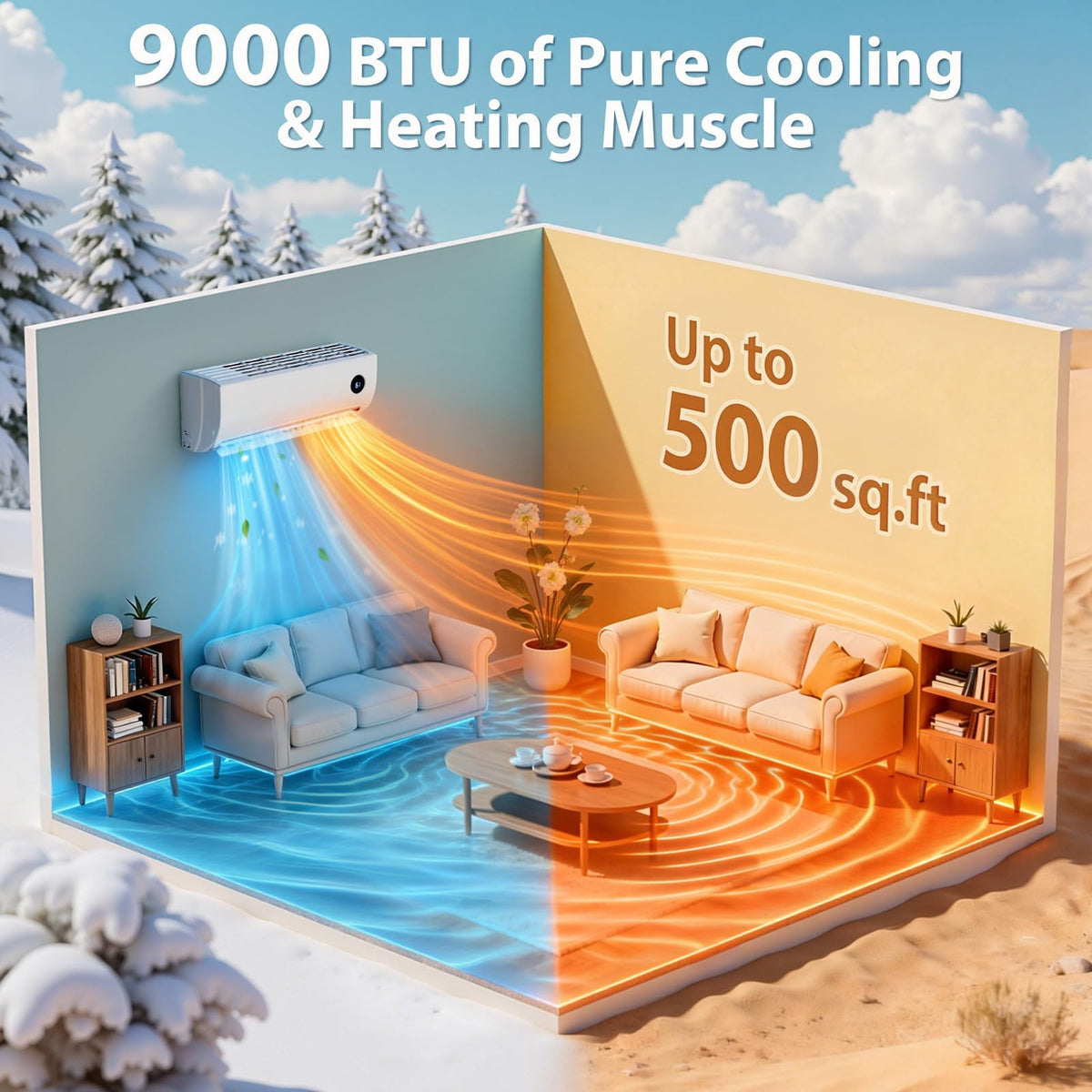 9000 BTU Mini Split AC/Heating System, Ductless Mini Split Air Conditioner Inverter with Heat Pump, Super Quiet All-In-One Kit, 24H Timer, 115V/110V, 19 SEER2 Energy Efficient for 550 Sq.Ft
