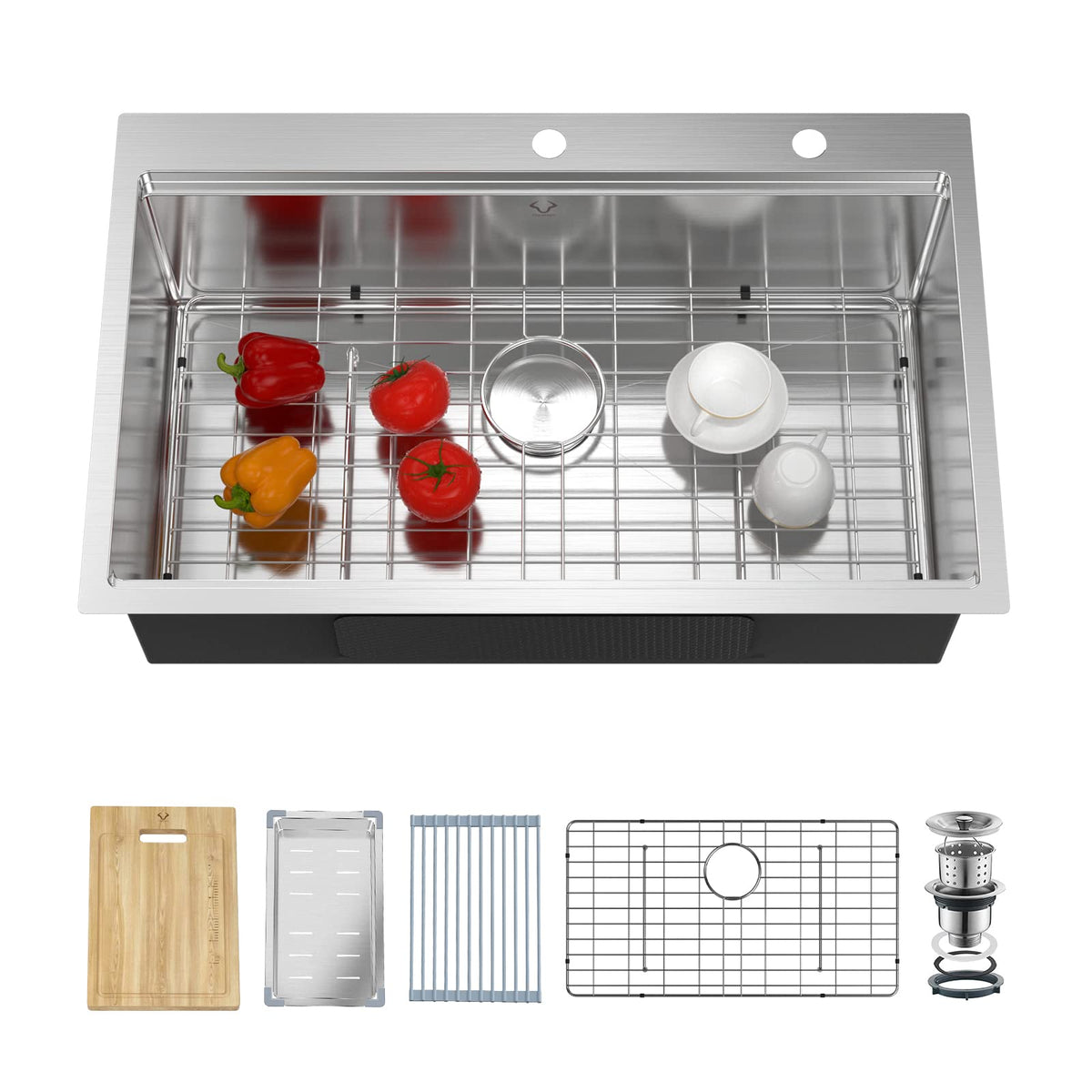 Kitchen Sinks 32x18 Inch Undermount Kitchen Sink Stainless Steel Sink 16 Gauge Single Bowl Set (5 Item Bundle: Sink, Bottom Grid, Drain Assembly, Drain Cap, Towel)