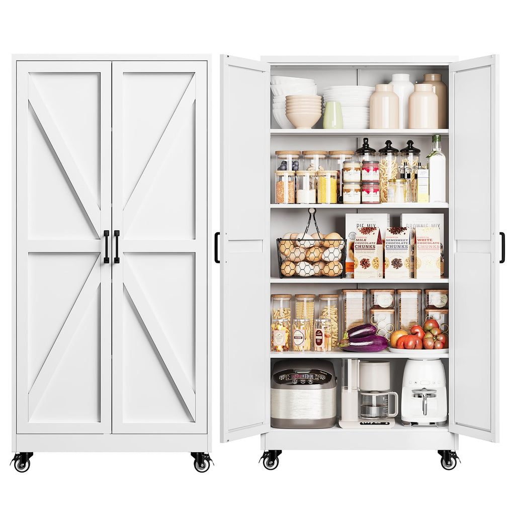 Metal Pantry Storage Cabinets with Doors and Shelves,75" Tall White
