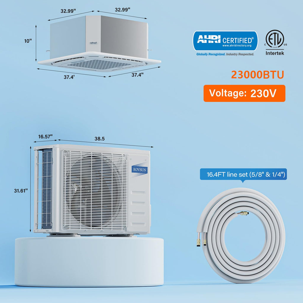 ROVSUN 23000 BTU Smart WIFI Ceiling Cassette Mini Split AC/Heating System with Inverter & APP Control, 22.5 SEER2 Ductless Air Conditioner with Pre-Charged Condenser, Heat Pump & Installation Kit 230V