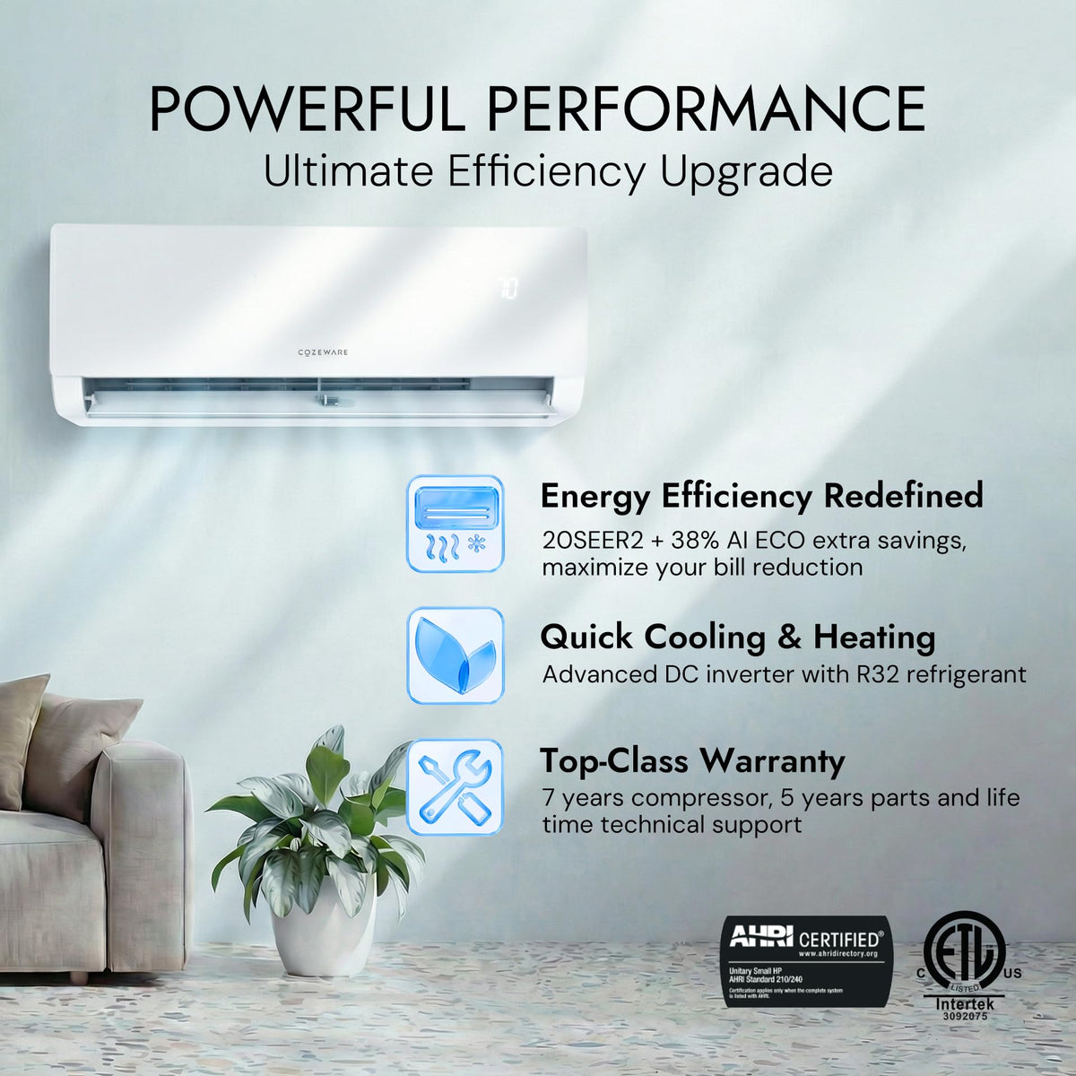 12000BTU E-Save Mini Split AC/Heating System 20 SEER2 115V