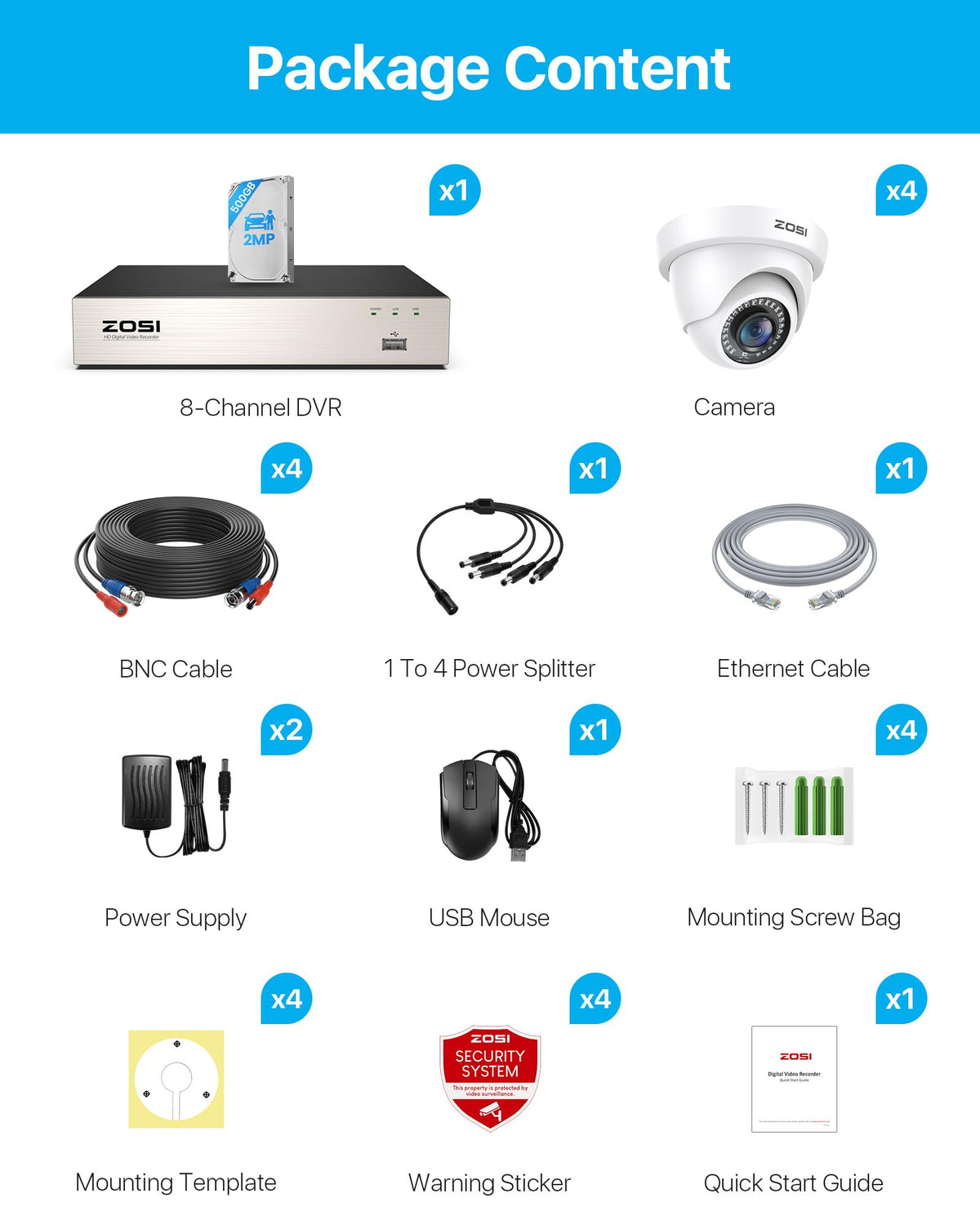 ZOSI 3K Lite 8CH Home Security Camera System, 4X 2MP Wired Cam, 500GB HDD