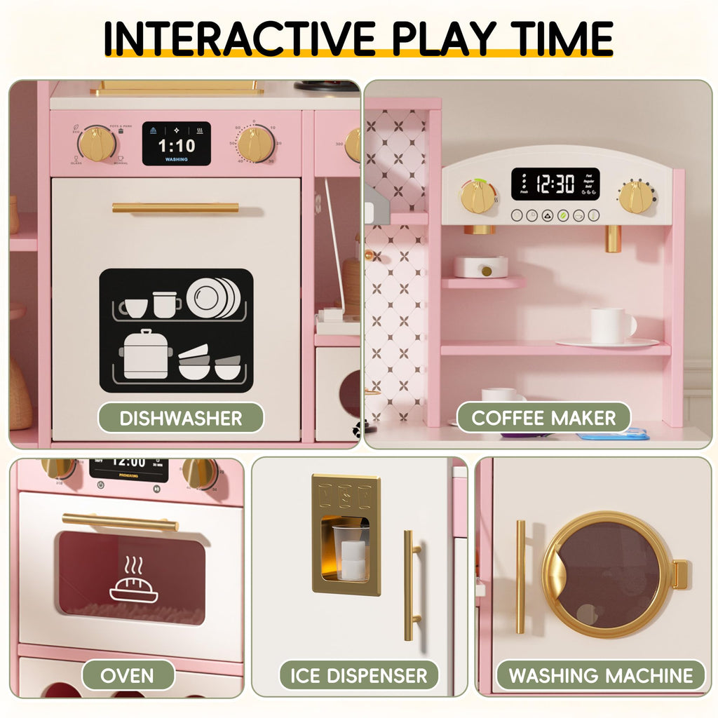 Wooden Play Kitchen for Kids, Pretend Kitchen Play Toy Kitchen Set(Ages 3+), Pink