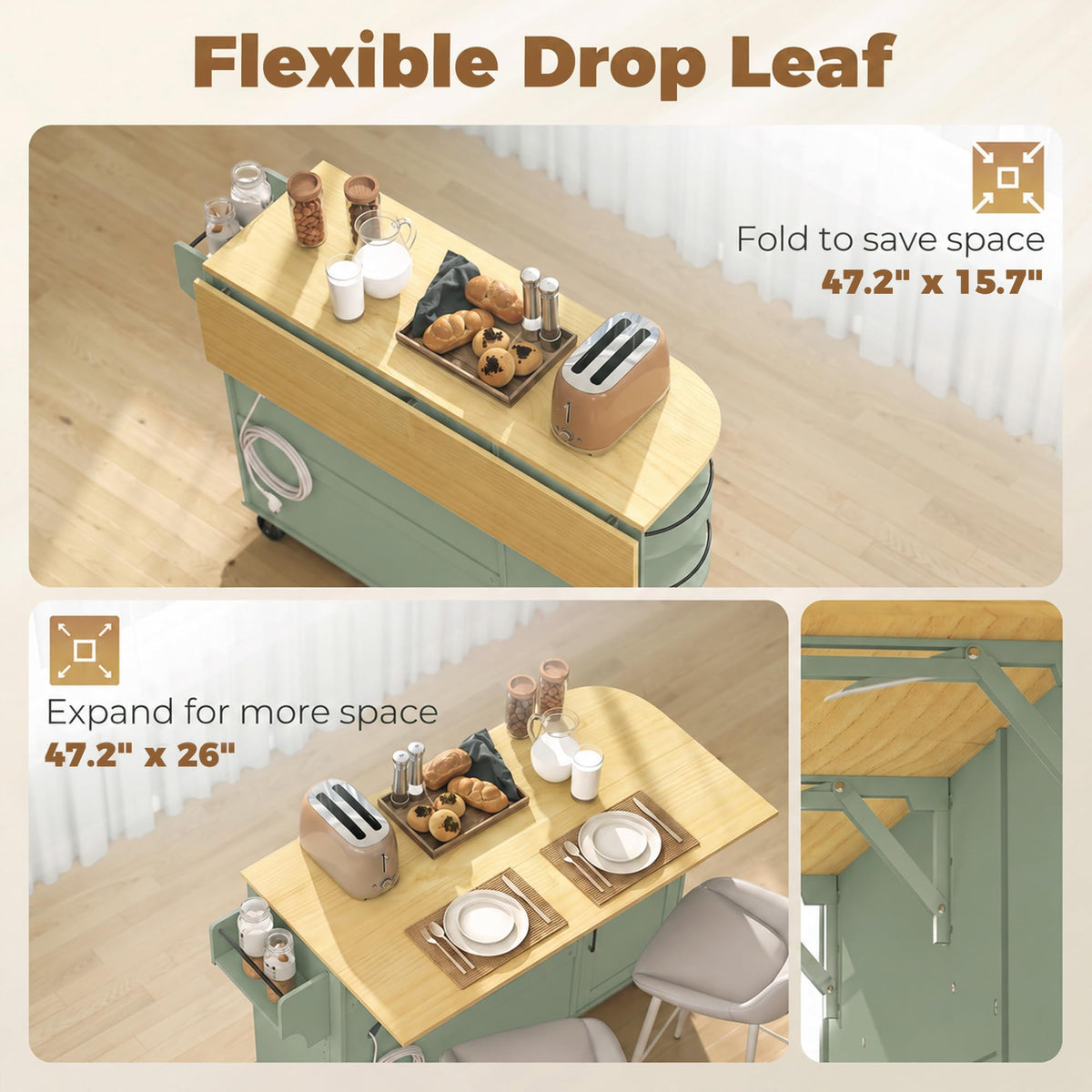 HOMCOM 53" Rolling Kitchen Island with Power Outlet, Storage, Sage Green