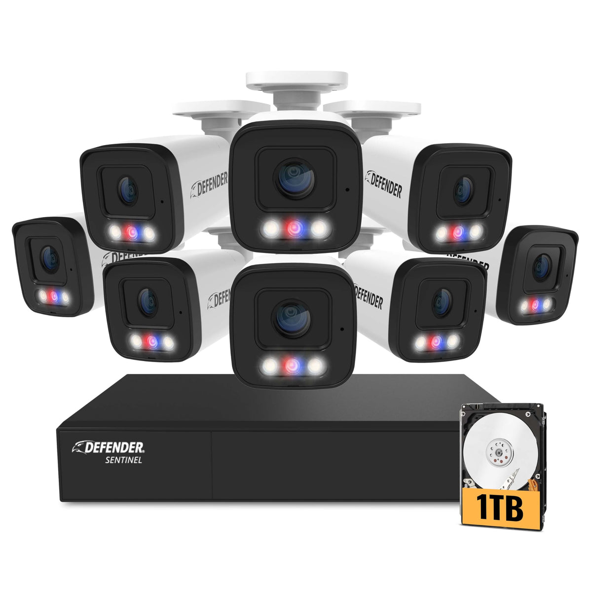 Defender AI Powered Sentinel 4K 16CH PoE Security Camera System, 16pcs NVR Metal Outdoor Surveillance Cameras, 2TB HDD, SMART AI Human Detection, Blue/Red Lights, Works w/Empower App