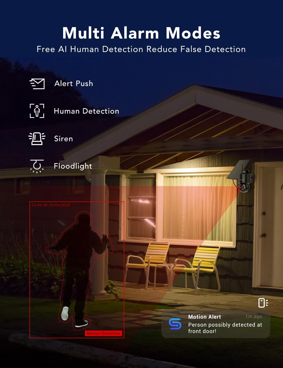 2K Solar Security Cameras Wireless Outdoor, 360°PTZ Battery Powered Cameras for Home Security, 2.4G WiFi Outdoor Camera with Color Night Vision, IP66 Waterproof, Motion Sensor Alarm, Black-4P