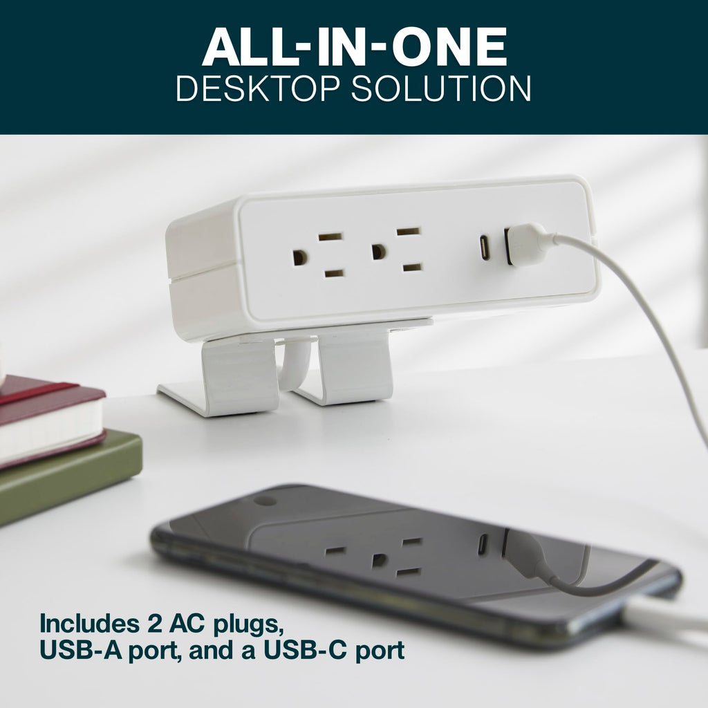 Humanscale NeatHub Desktop Power Strip, 2-Outlet, 2-Port White Desk Clamp Power Strip, Smart Power Distribution Desk Power Station, Desk Outlet for Laptops, Tablets, Mobile Devices