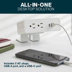Humanscale NeatHub Desktop Power Strip, 2-Outlet, 2-Port White Desk Clamp Power Strip, Smart Power Distribution Desk Power Station, Desk Outlet for Laptops, Tablets, Mobile Devices