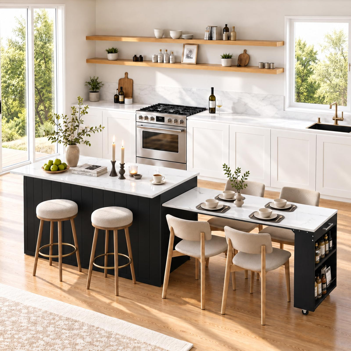 59"-103" Kitchen Island with Extendable Dining Table, White