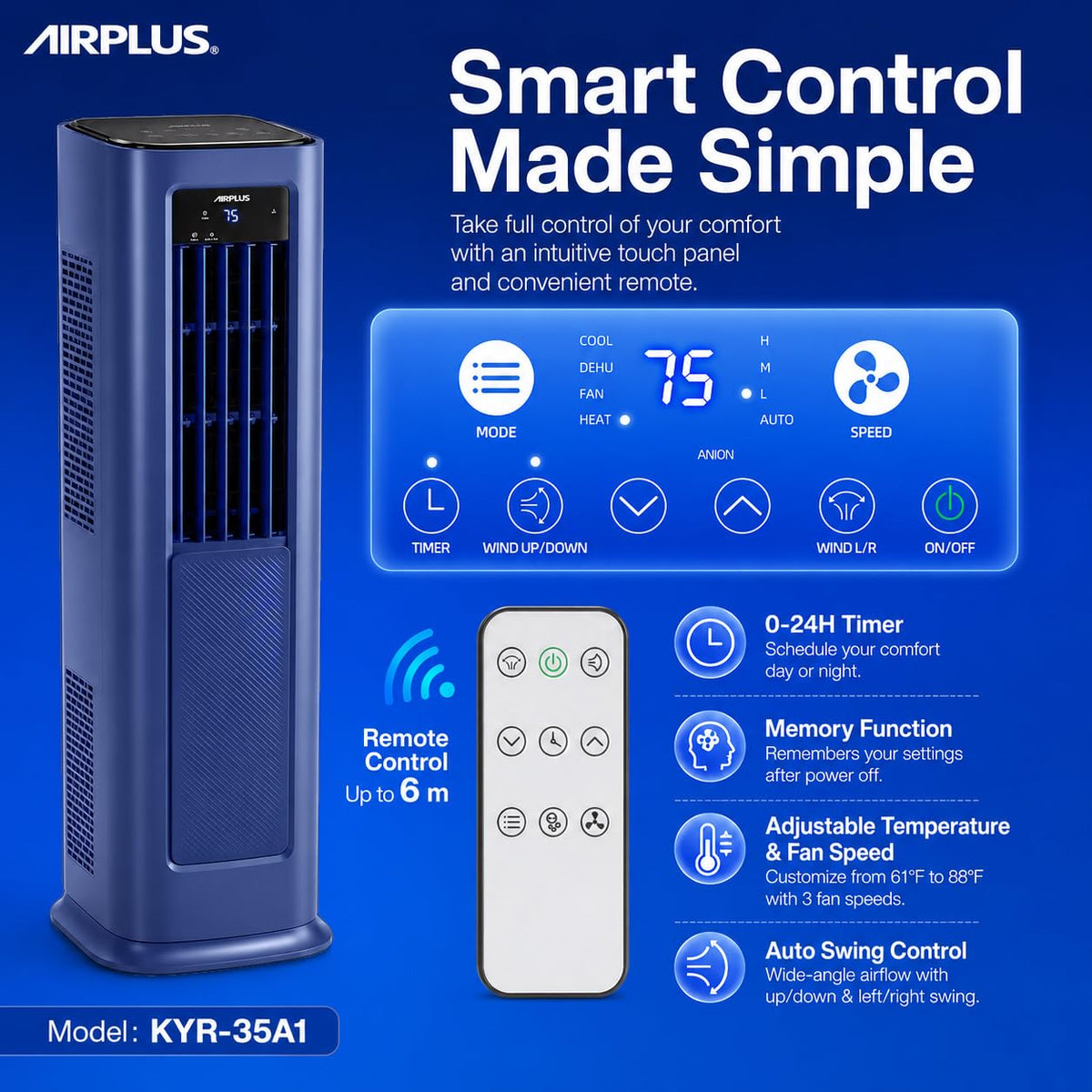 AIRPLUS Smart Portable Air Conditioner, 12,000 BTU Cooling/Heating Air Conditioner for Bedroom with Drainage-free Cooling, Dehumidifier, Fan, 24h Timer for 700 Sq Ft Rooms, Blue