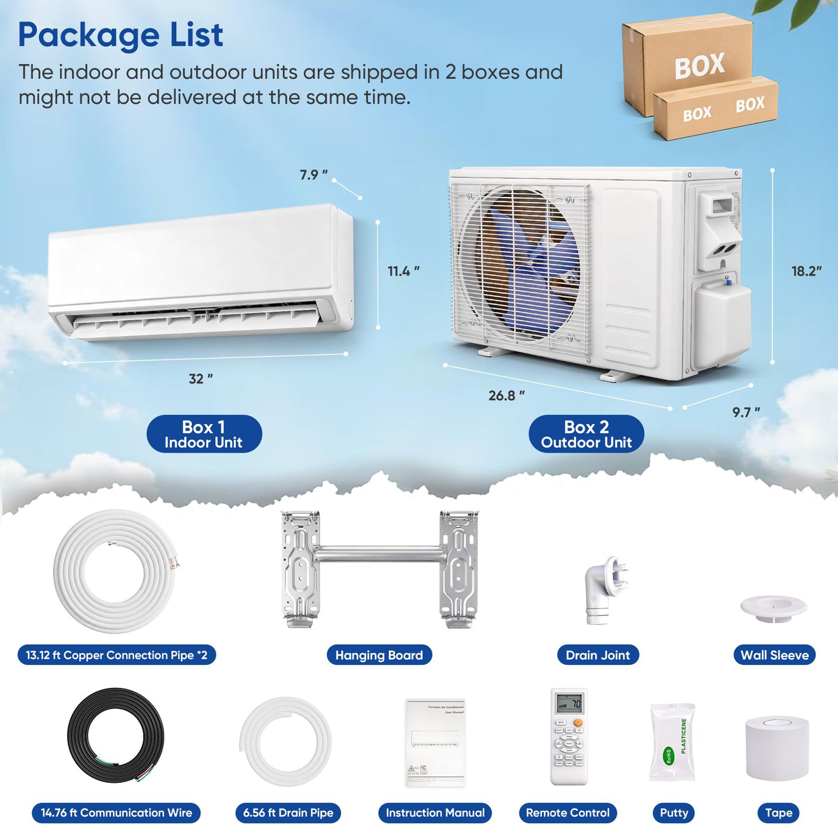 12000BTU Mini Split Air Conditioner & Heater, Wall Mounted AC Unit