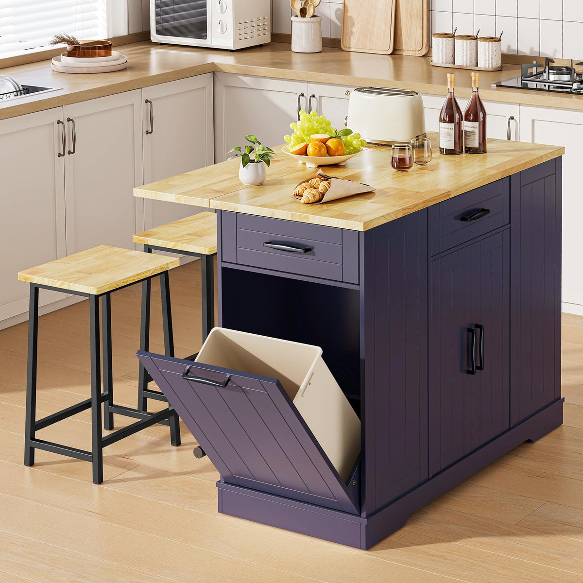 47" Kitchen Island with Trash Can Storage, Include 2 Chairs, Black