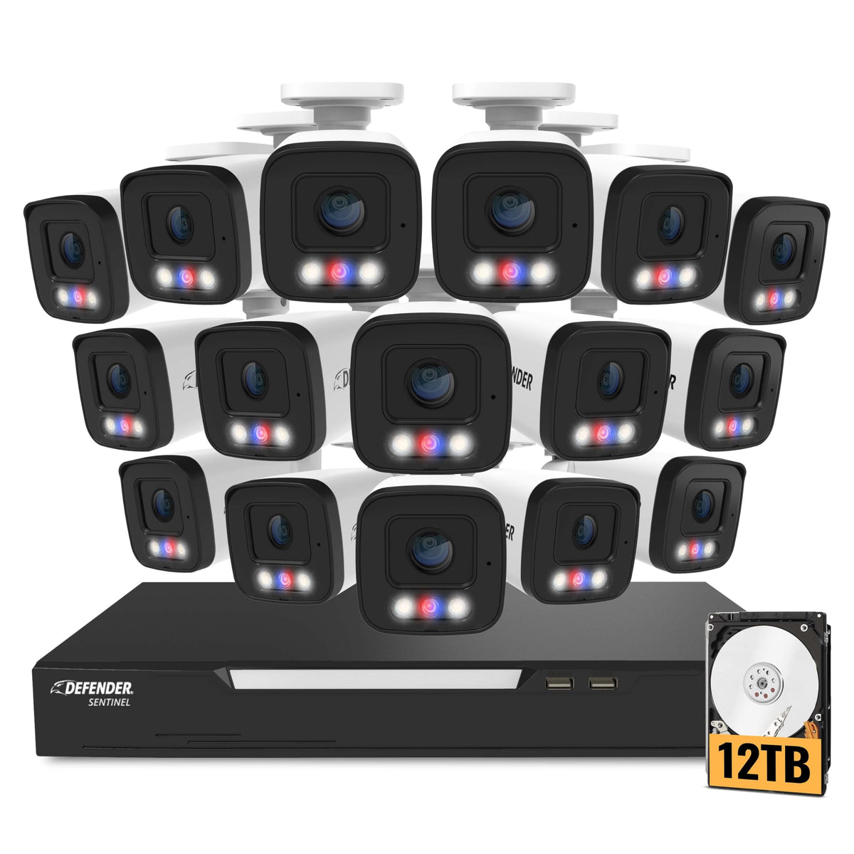 Defender AI Powered Sentinel 4K 16CH PoE Security Camera System, 16pcs NVR Metal Outdoor Surveillance Cameras, 2TB HDD, SMART AI Human Detection, Blue/Red Lights, Works w/Empower App