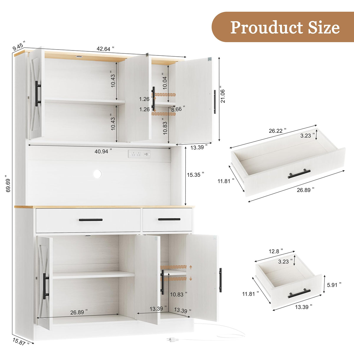 70”Tall Pantry Cabinet w/Charging Station, Kitchen Storage Cabinet