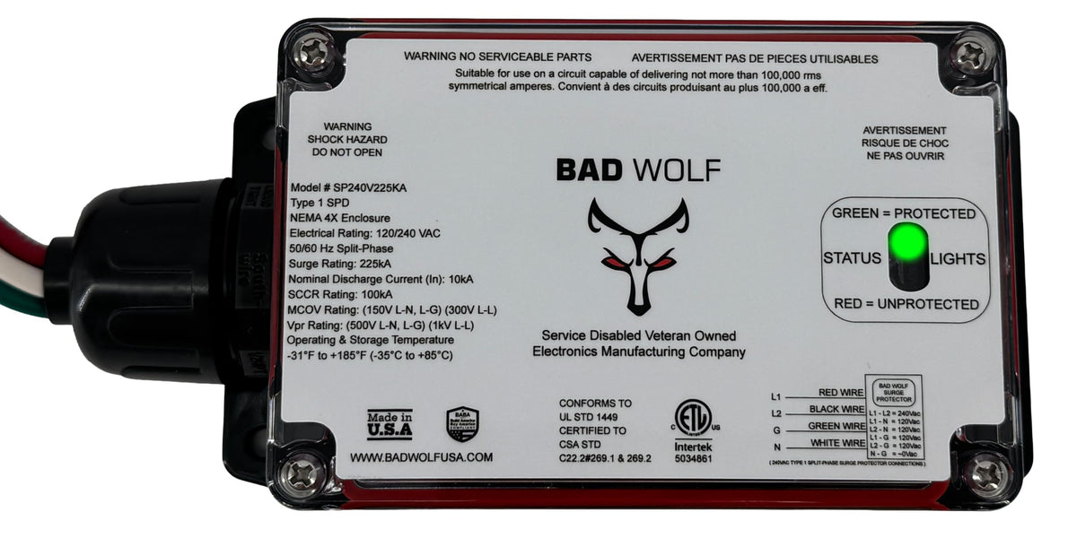 Bad Wolf SP240V225KA Whole House Surge Protector 225kA, ETL Listed Type 1 SPD, 120/240V Split Phase, EM Protection, NEMA 4X