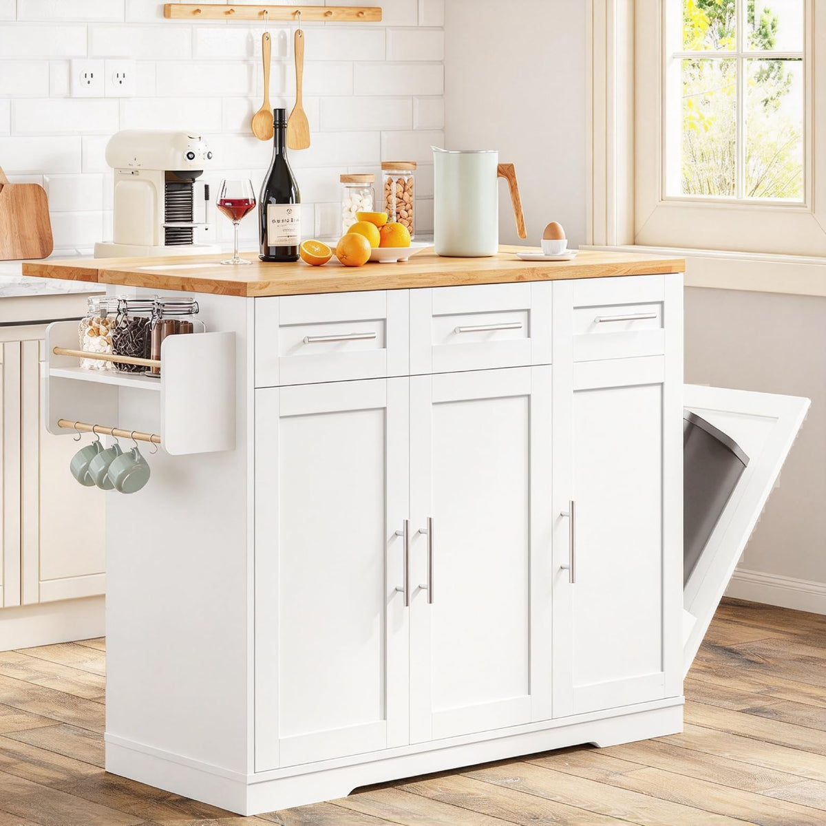 Dripex 41.5'' Kitchen Island with Power Outlet, Trash Cabinet & Storage