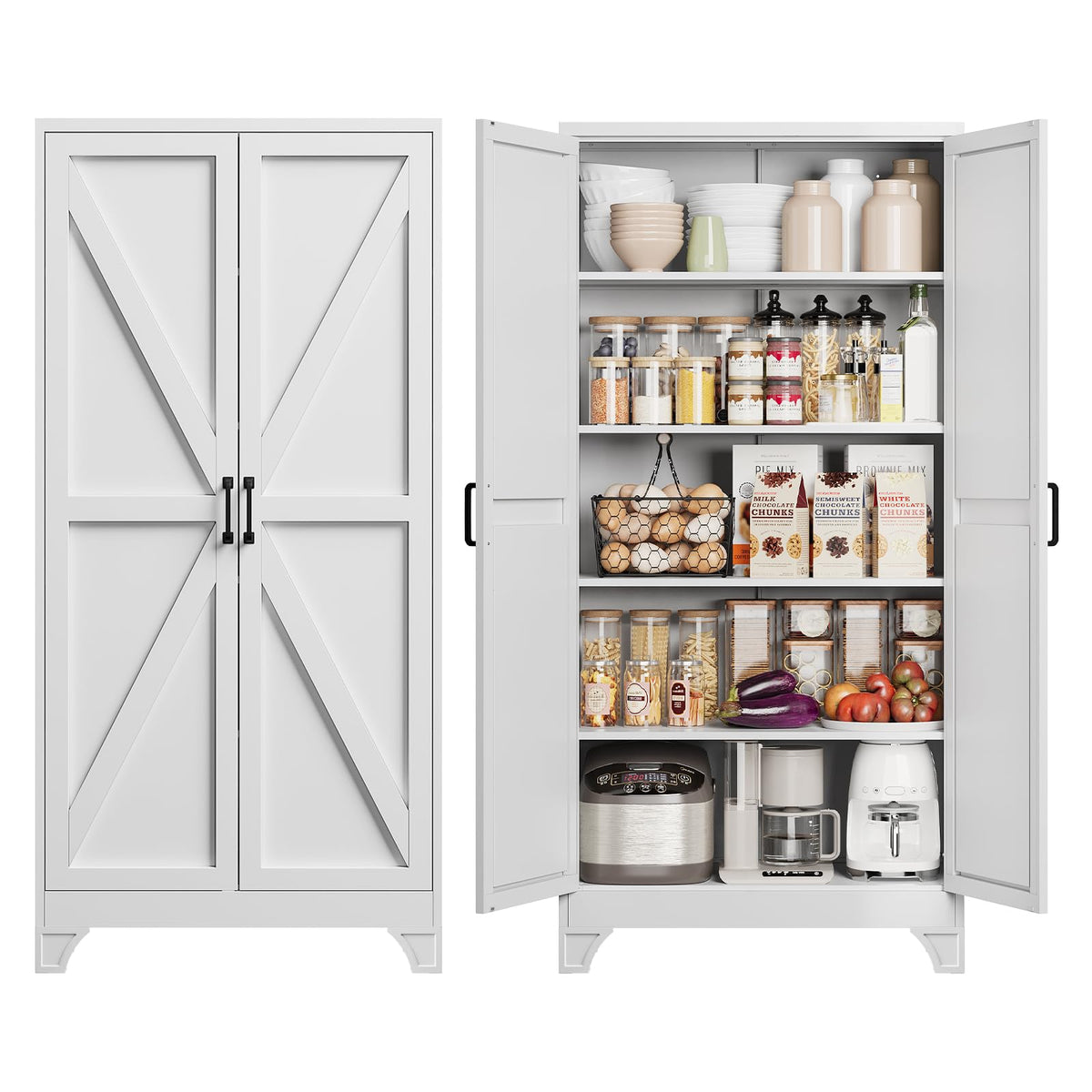 Metal Pantry Storage Cabinets with Doors and Shelves,75" Tall White