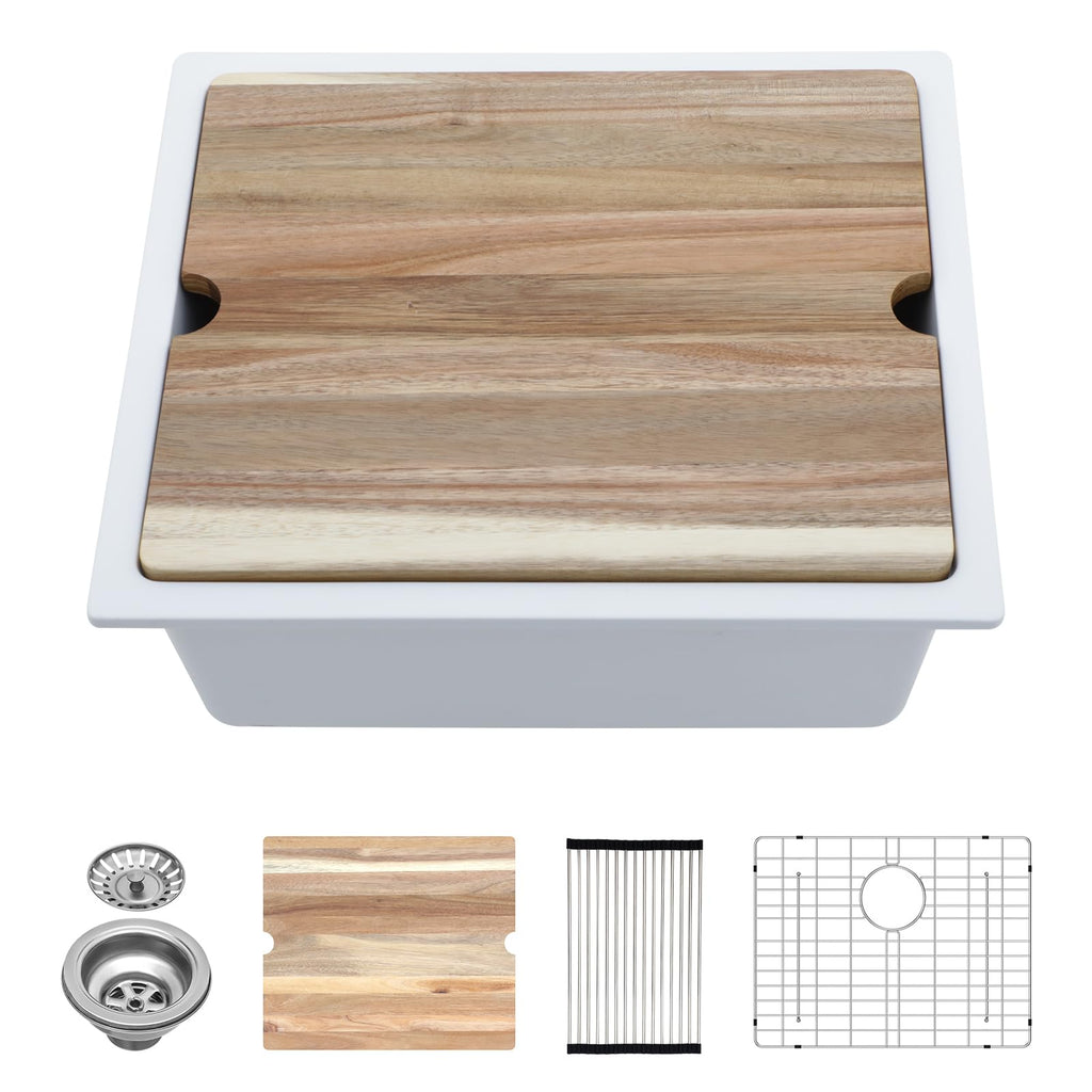 Lordear 18 Inch White Kitchen Sink Granite Composite Undermount Bar Workstation 18x18 White Quartz Sinks Under Counter Single Bowl with Classic Gold Accessories