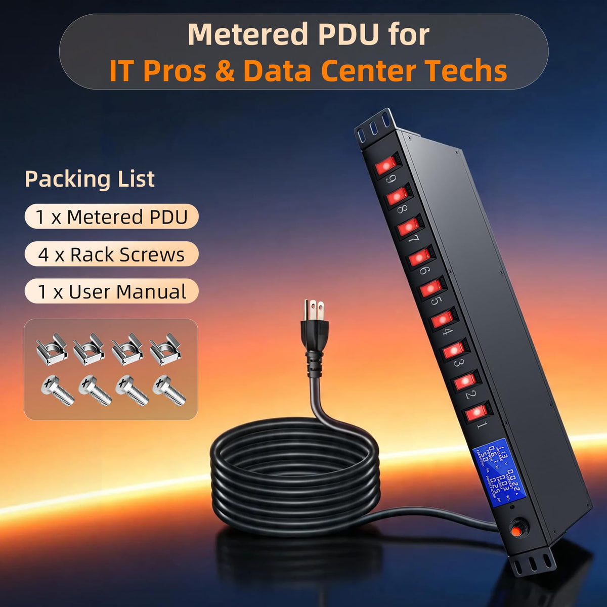 1U Rack Mount PDU Power Strip 9 Outlet Individual Switch