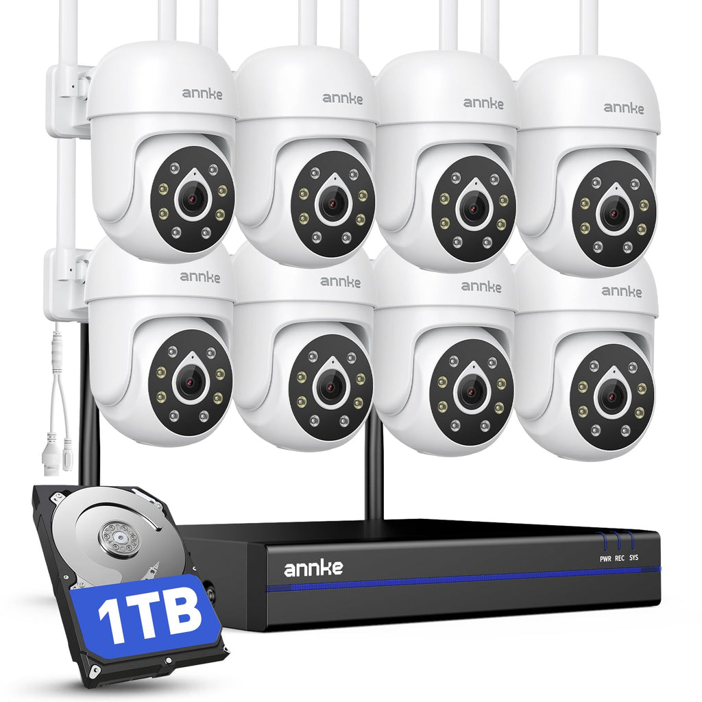 ANNKE 5MP 10CH Wireless Security Camera System, 8pcs PT IP Cameras, 1TB HDD