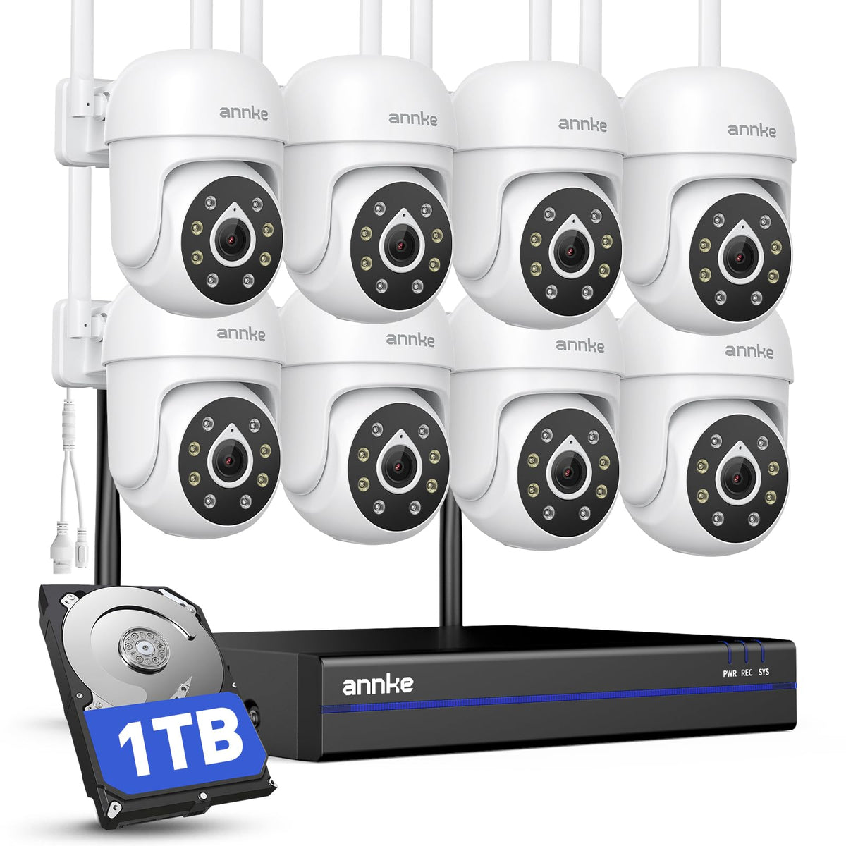 ANNKE 5MP 10CH Wireless Security Camera System, 8pcs PT IP Cameras, 1TB HDD