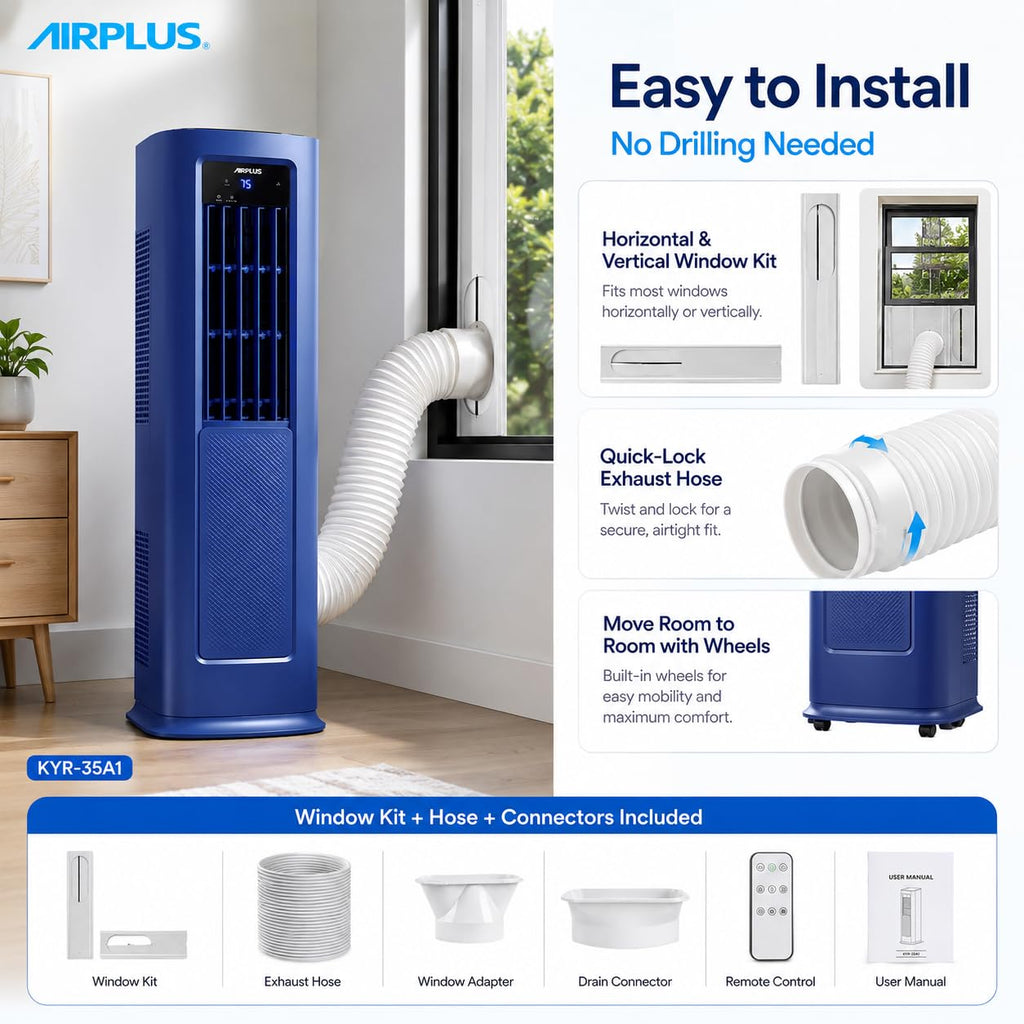 AIRPLUS Smart Portable Air Conditioner, 12,000 BTU Cooling/Heating Air Conditioner for Bedroom with Drainage-free Cooling, Dehumidifier, Fan, 24h Timer for 700 Sq Ft Rooms, Blue
